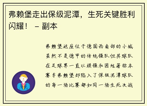 弗赖堡走出保级泥潭，生死关键胜利闪耀！ - 副本