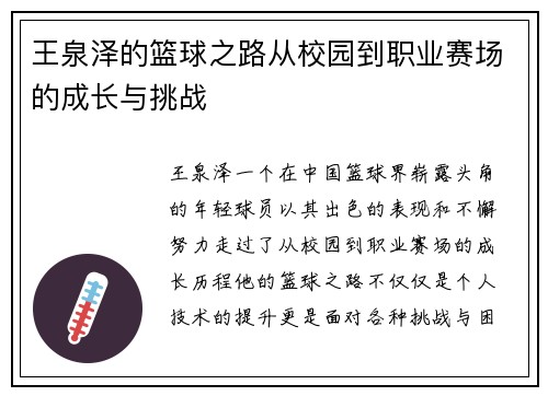 王泉泽的篮球之路从校园到职业赛场的成长与挑战
